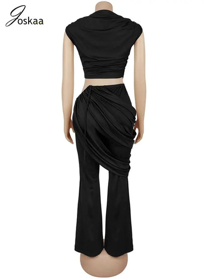 Wholesale Women's Ruched Crop Flare Two Piece Set Black – Detail View