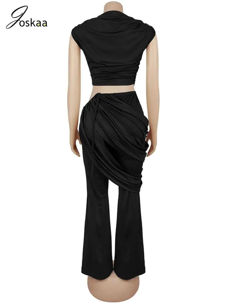 Wholesale Women's Ruched Crop Flare Two Piece Set Black – Detail View