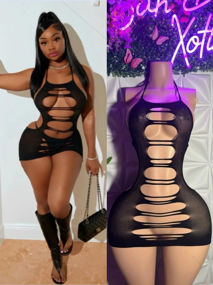 Women's Mesh Cutout Halter Bodycon Mini Dress 193 – Front View