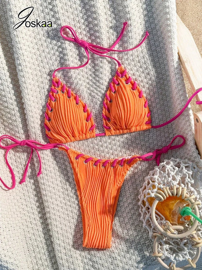 Women's Lace Halter Swimwear Piece Swimsuit Bikini Set Yellow – Detail View