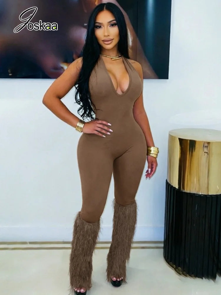 Women's V-neck Halter Sleeveless Bodycon Romper - Side View