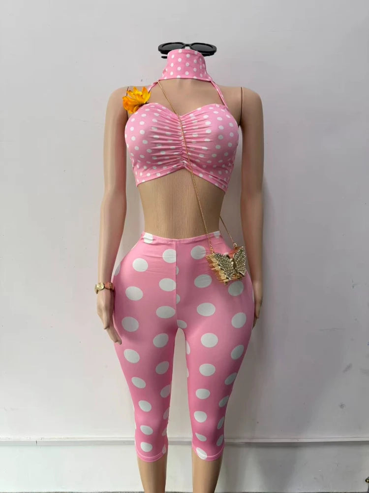 Women's Polka Dot Ruched Halter High Waist Two Piece Set - Detail View 3