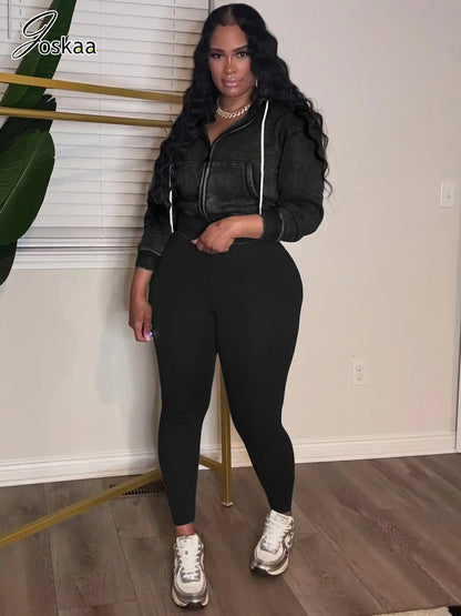 Women's Long Sleeve Zip Hooded Two Piece Set Gray – Side View