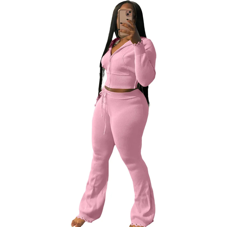 Women's Knit Long Sleeve Ribbed Zip Hooded Two Piece Set