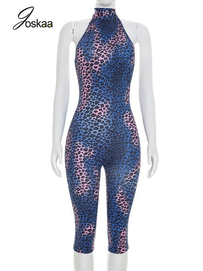 Women's Leopard Print Lace Ruched Romper Dark Blue – Back View