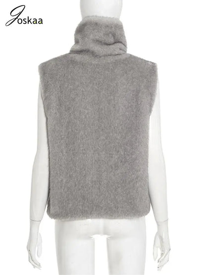 Women's Sleeveless Furry Vests High Jacket Gray – Detail View