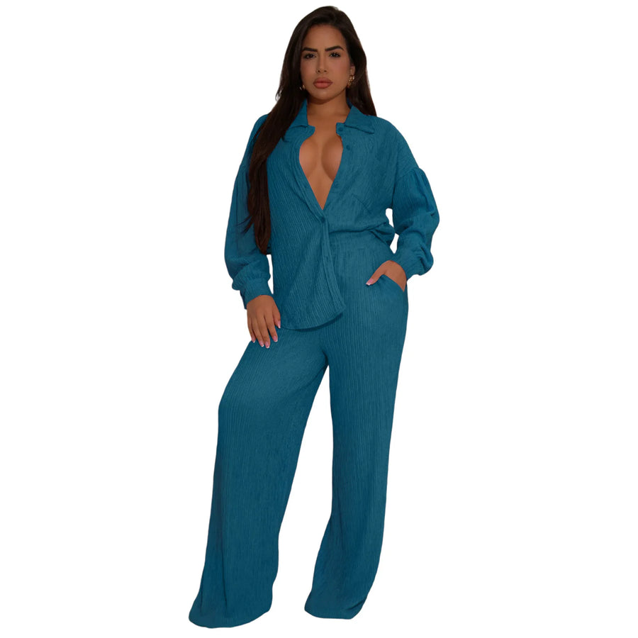 Women's Long Sleeve Flare Wide Leg Two Piece Set