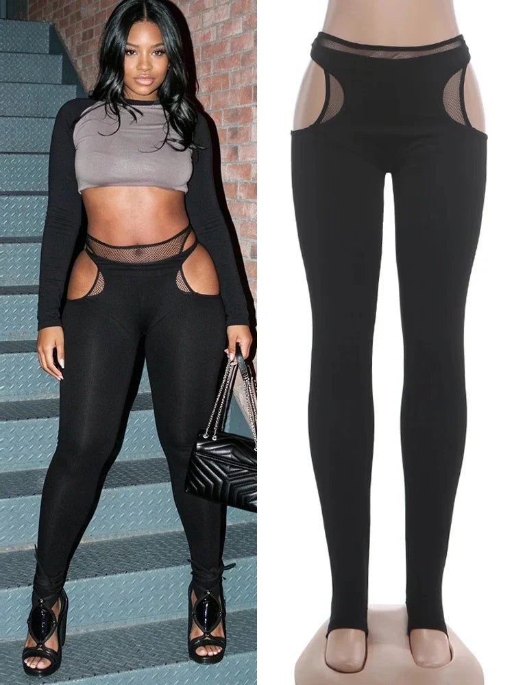 Women's Mesh Cutout Bodycon Pants Black Stirrup Leggings - Detail View 7