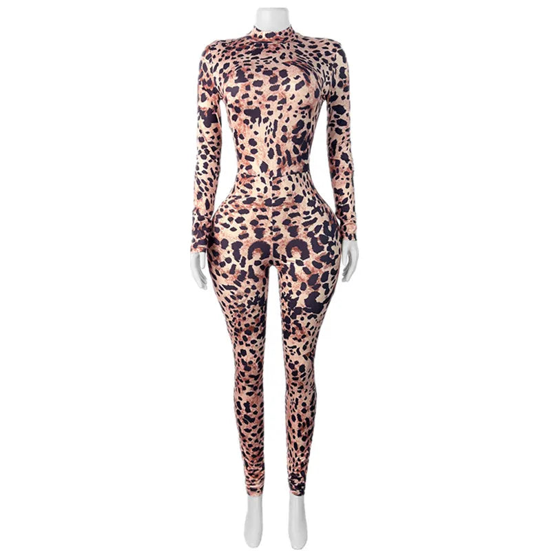 Women's Leopard Print Long Sleeve Bodycon Romper