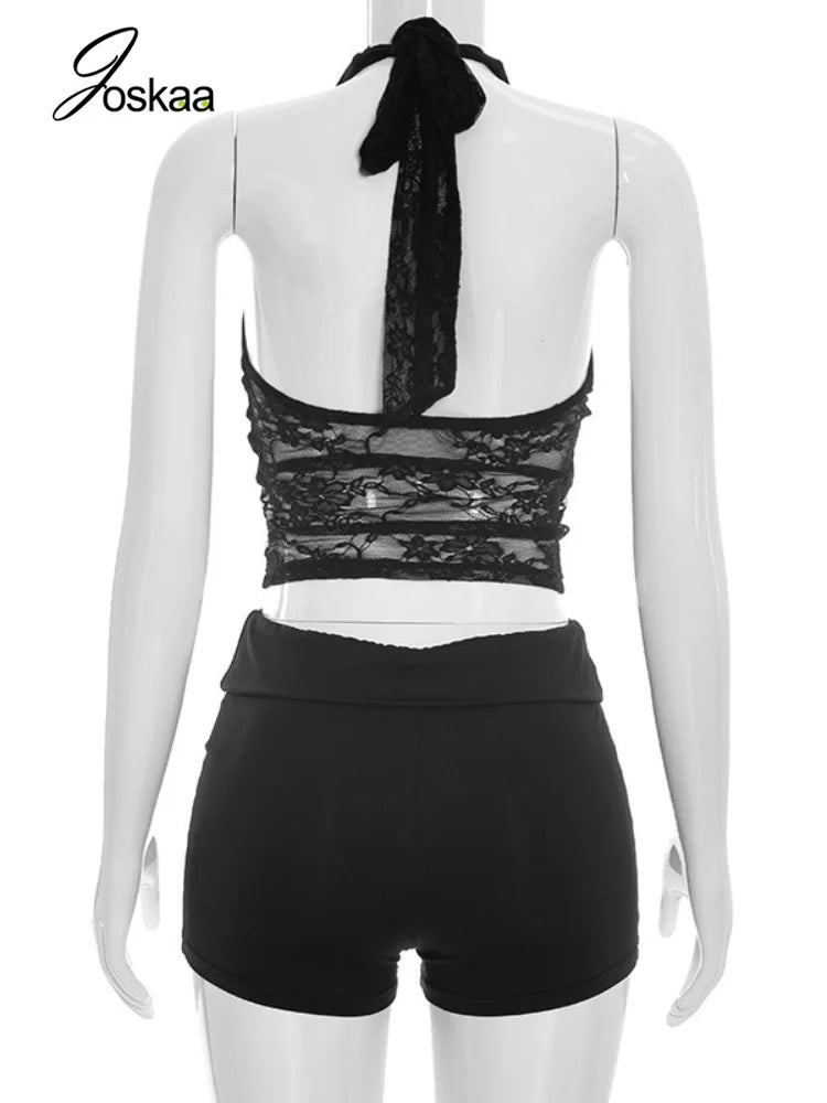 Women's Lace Backless Halter Two Piece Set Khaki – Detail View