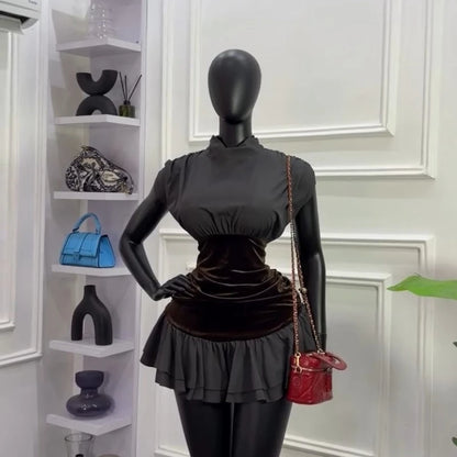Wholesale Women's Velvet Sleeveless Zip Dress Brown – Back View