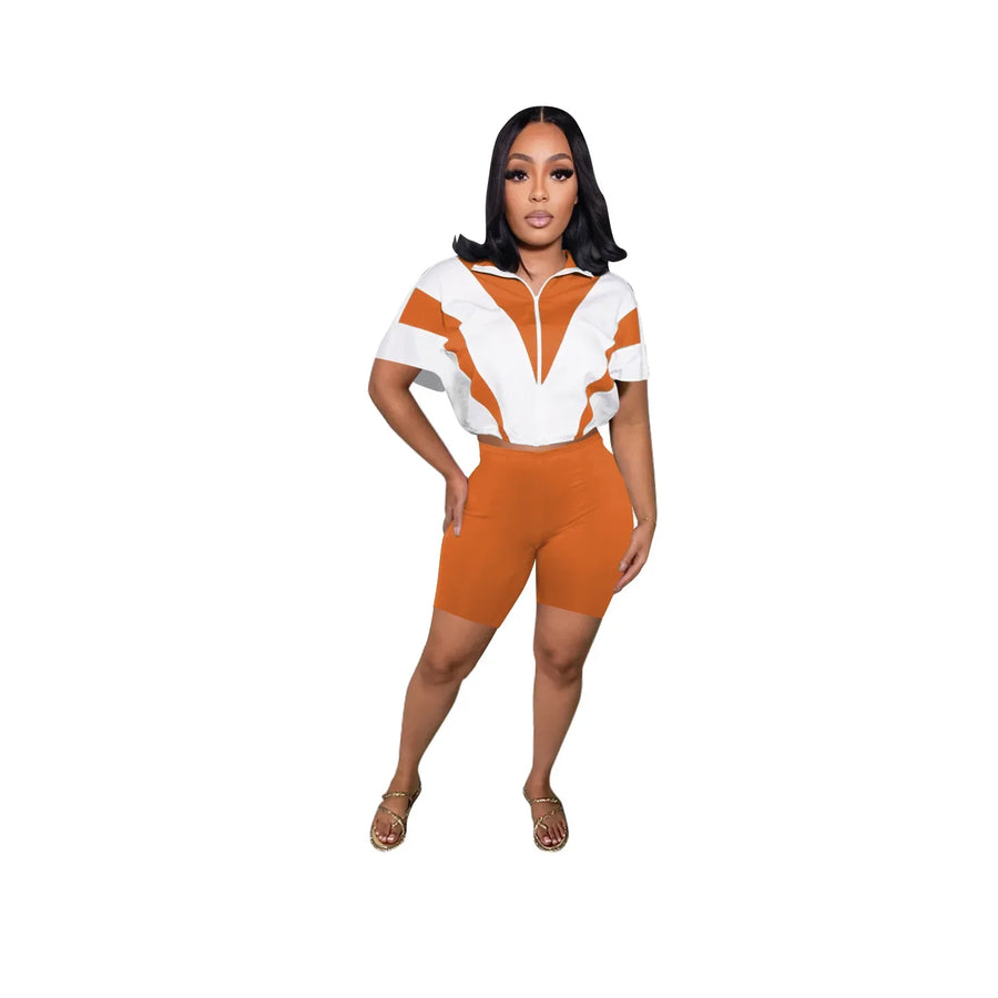 Women's Short Sleeve Crop Zip Two Piece Set