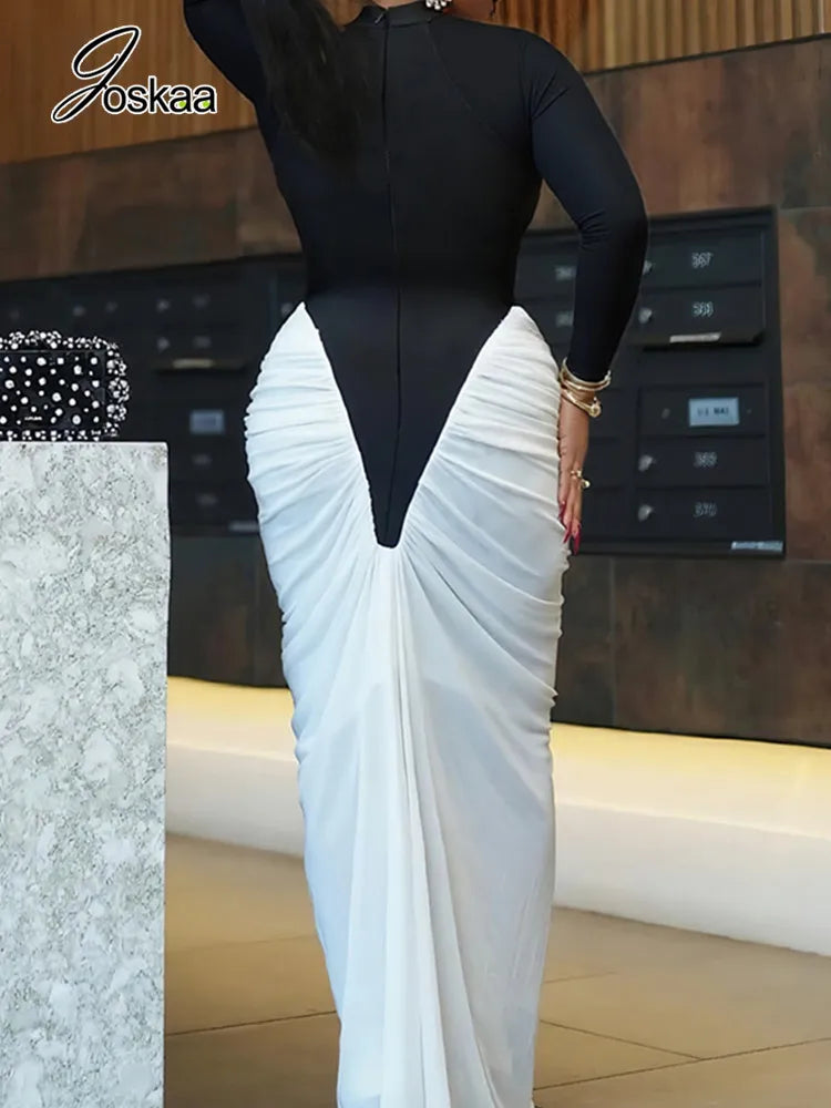 Women's Ruched Long Sleeve Bodycon Maxi Dress Black – Back View