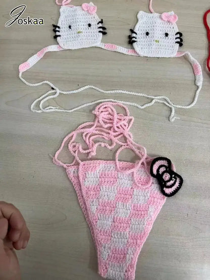 Women's Knit Ribbed Swimwear Patchwork Bikini Set Pink – Detail View