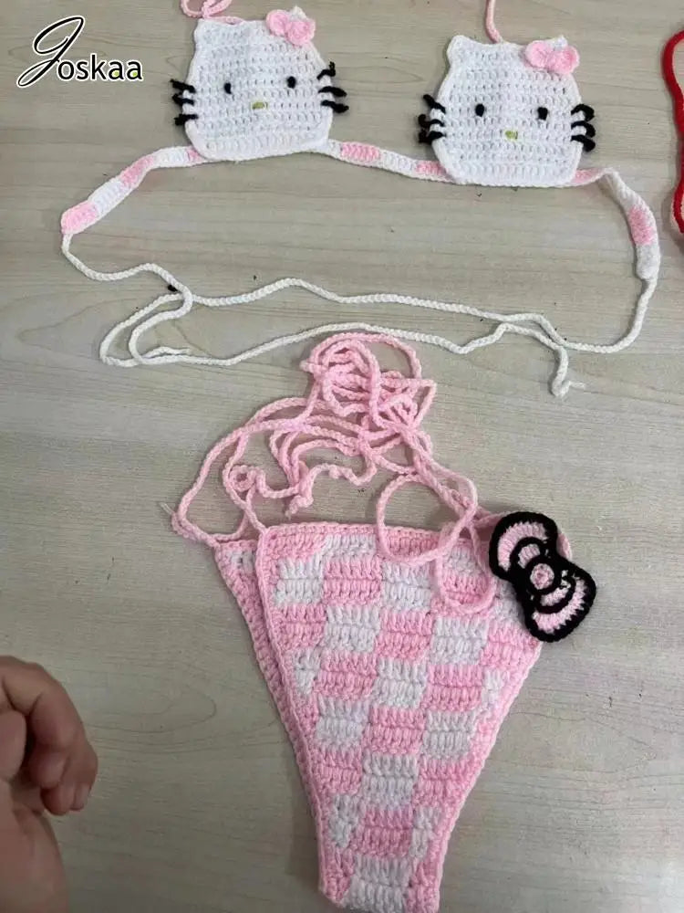 Women's Knit Ribbed Swimwear Patchwork Bikini Set Pink – Detail View