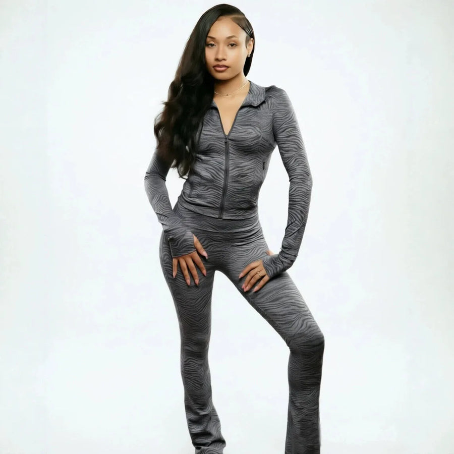 Women's Striped Zip Up Long Sleeve Wide Leg Two Piece Set - Additional View 9