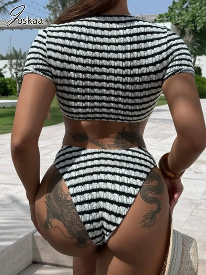 Women's Stripe Short Sleeve Swimwear Bikini Set Black And White – Front View