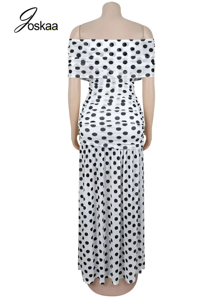 Women's Polka Dot Mesh Ruched Strapless Maxi Dress - Detail View