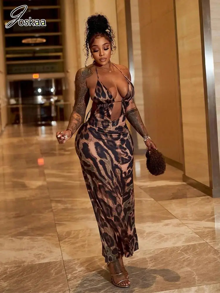 Women's Leopard Print Lace Backless Maxi Dress Leopard Print – Front View