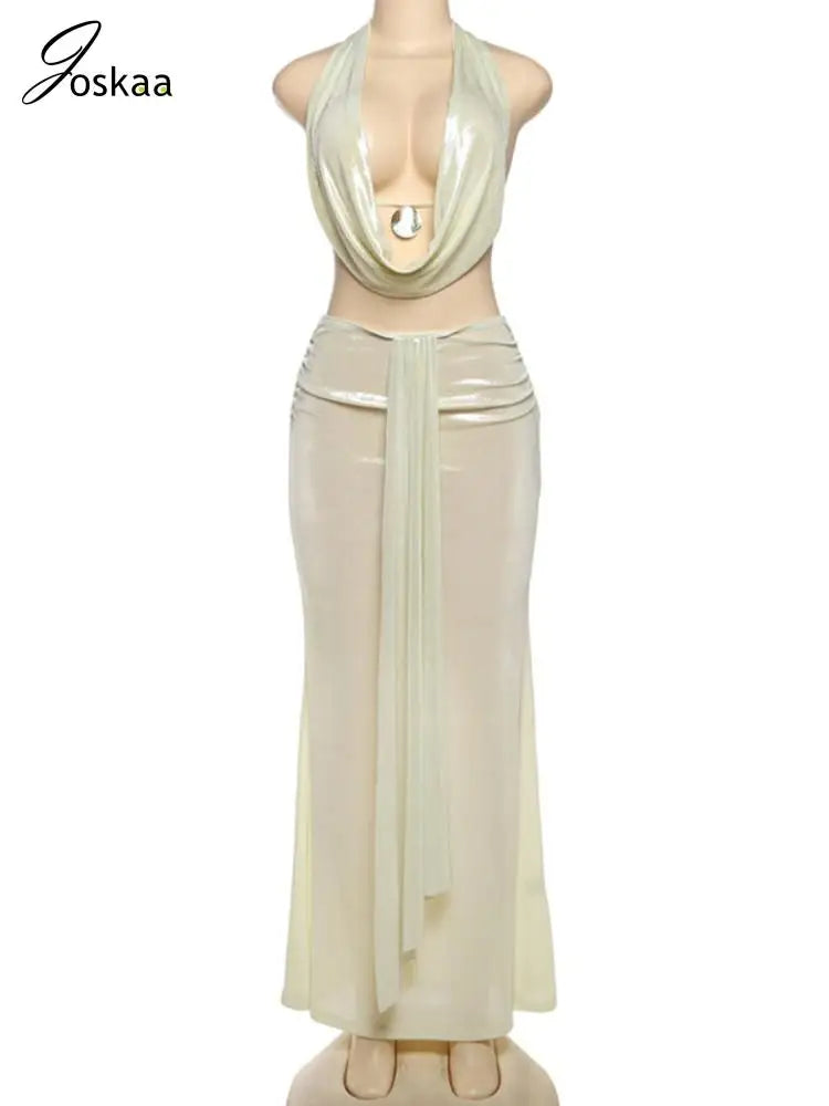 Women's Sequin Halter Maxi Two Piece Set Apricot – Back View