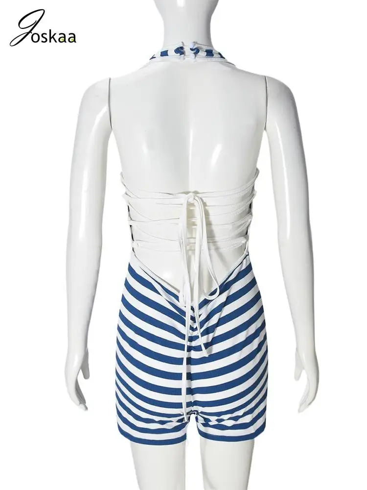 Women's Stripe Backless Halter Bodycon Romper Blue White Stripe – Detail View