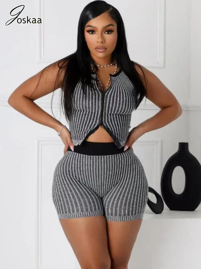 Women's Stripe Knit Crop Ribbed Zip Two Bikini Set Pink – Front View