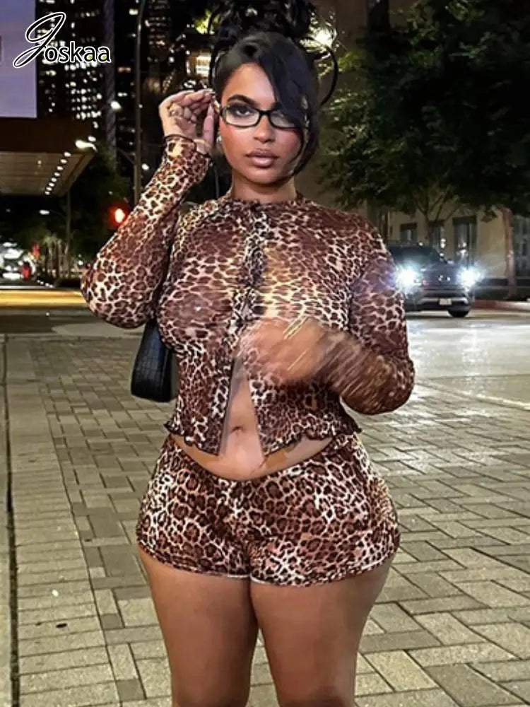 Women's Leopard Print Mesh Long Sleeve Two Piece Set Leopard Print – Side View