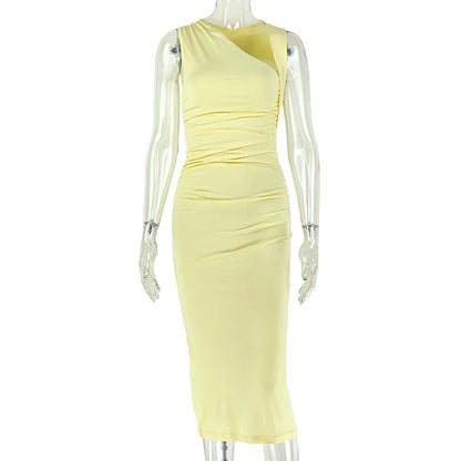Women's Yellow Ruched Sleeveless Bodycon Dress - Detail View 6