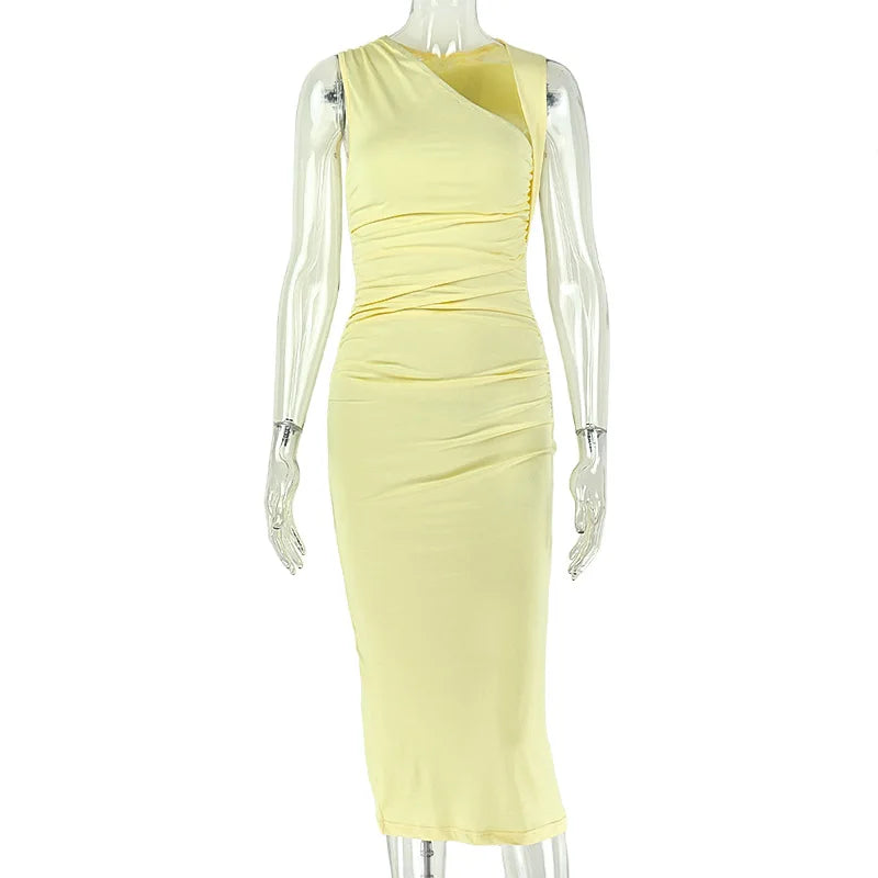 Women's Yellow Ruched Sleeveless Bodycon Dress - Detail View 6