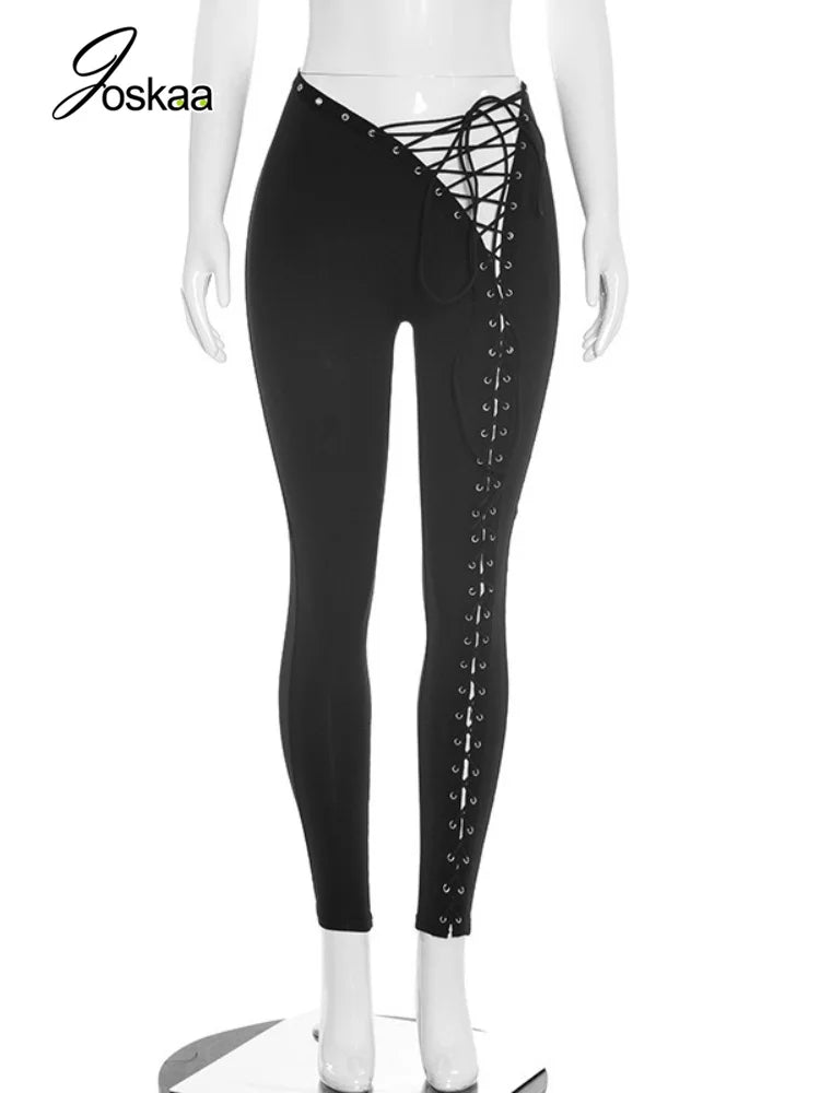 Women's Lace Cutout Bodycon Pants Lace-up Tight Trousers - Back View