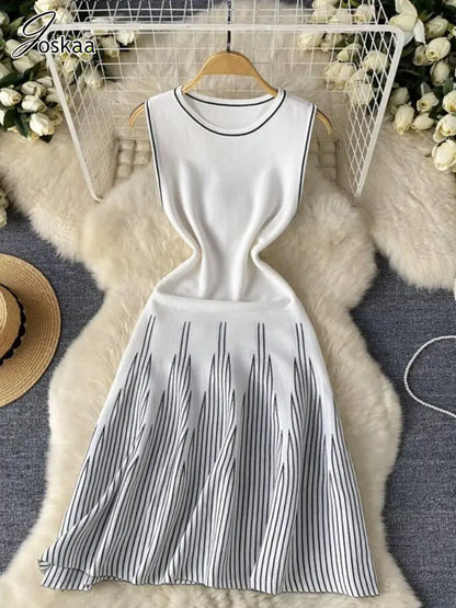 Women's Stripe Knit Sleeveless Ribbed Dress White – Back View