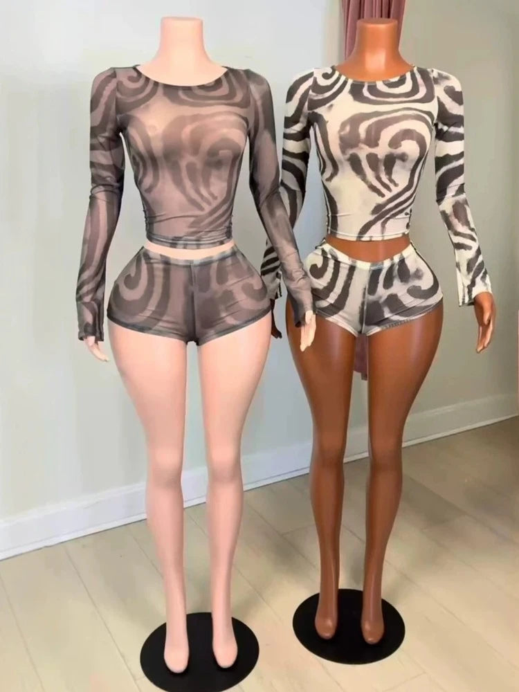 Women's Swirl Print Mesh Long Sleeve High Waist Two Piece Set 0141 - Additional View 8