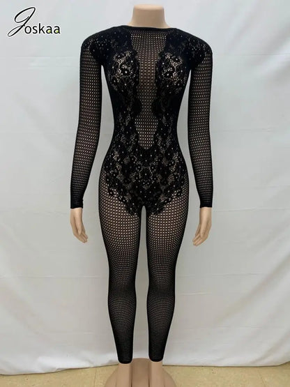 Women's Lace Backless Long Sleeve Romper Black – Detail View