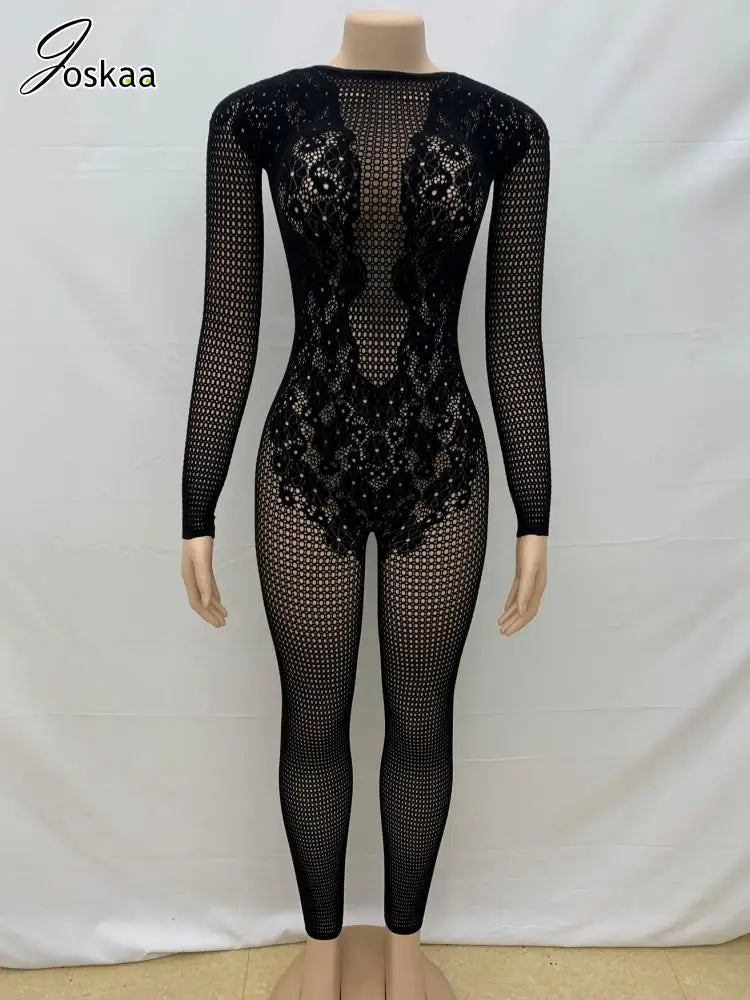Women's Lace Backless Long Sleeve Romper Black – Detail View