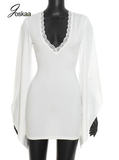 Women's Lace V-neck Long Sleeve Bodycon Mini Dress - Back View