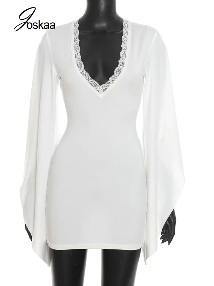 Women's Lace V-neck Long Sleeve Bodycon Mini Dress - Back View