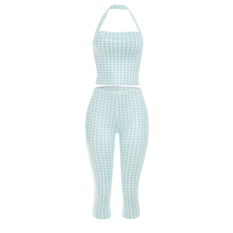 Women's Backless Halter High Waist Two Piece Set Plaid - Detail View 6