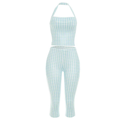 Women's Backless Halter High Waist Two Piece Set Plaid - Detail View 6
