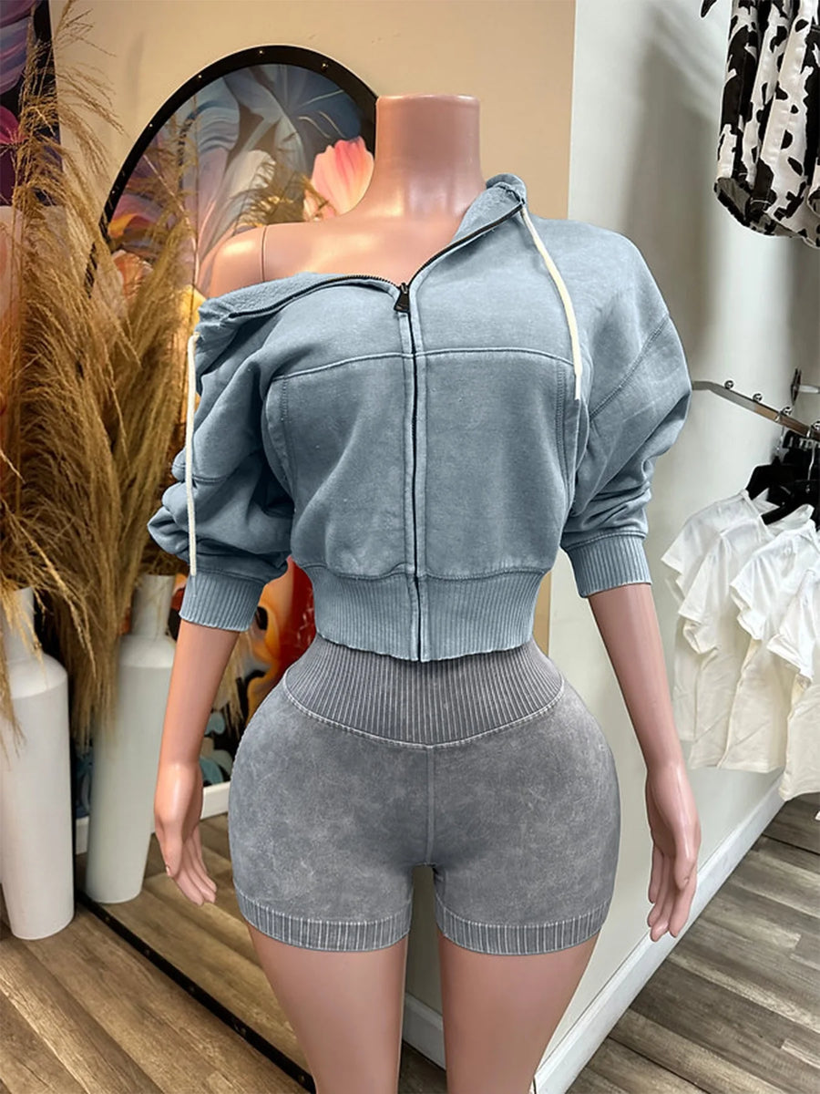 Women's Long Sleeve Zip Hooded Two Piece Set