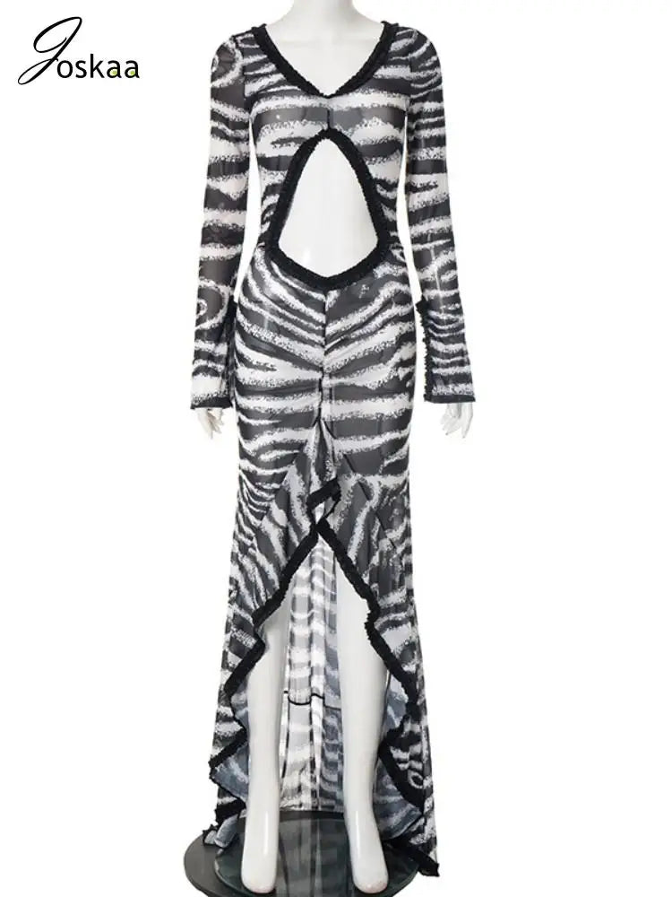 Women's Zebra Print Stripe Cutout Maxi Dress Black – Back View