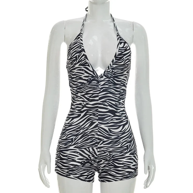 Women's Zebra Print Striped V-neck Halter Romper - Detail View 8