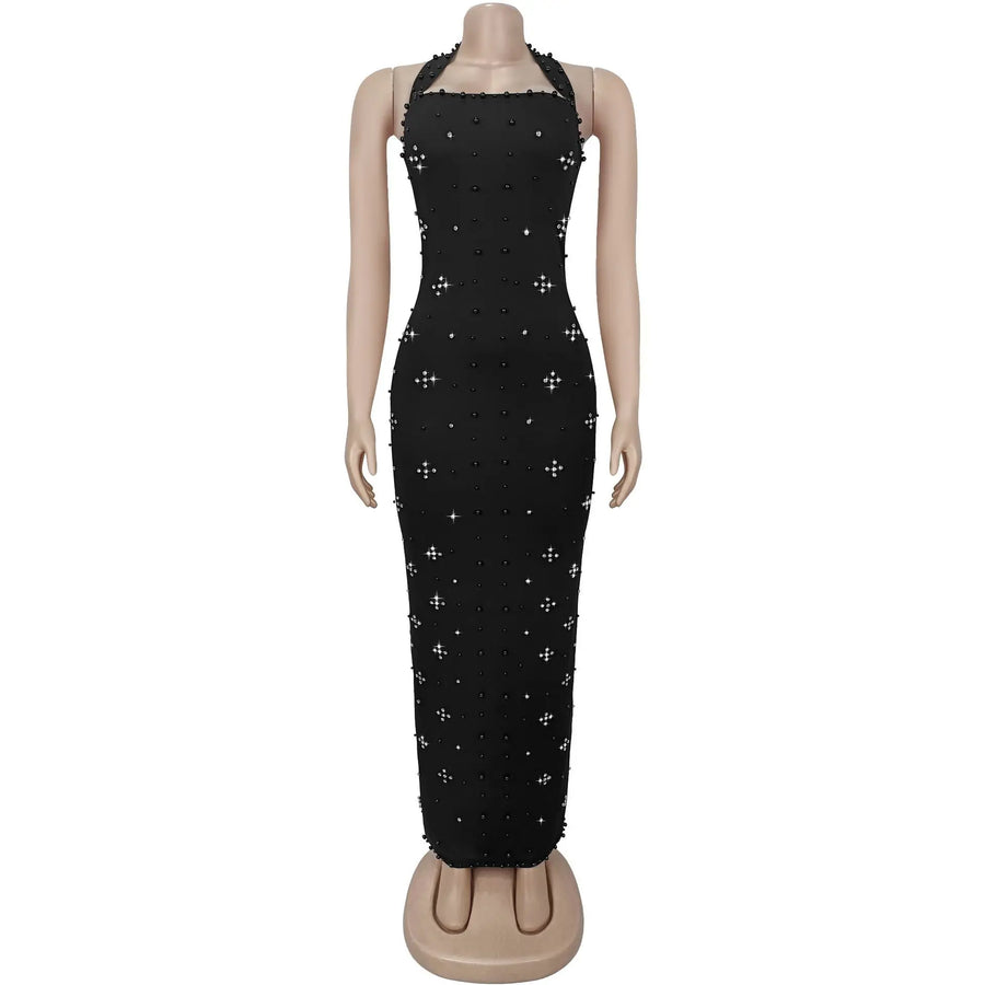 Women's Rhinestone Backless Halter Maxi Dress