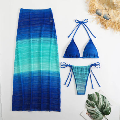 Women's Mesh Swimwear Gradient 3-piece Bikini Set