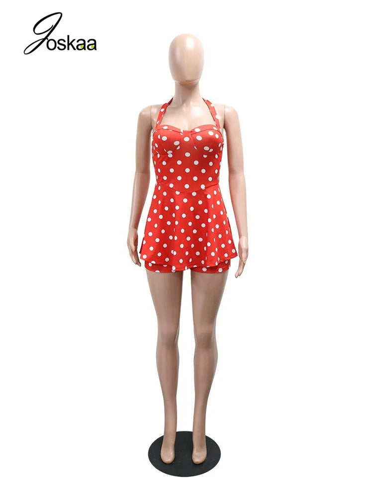 Women's Polka Dot Backless Halter Sleeveless Romper - Back View