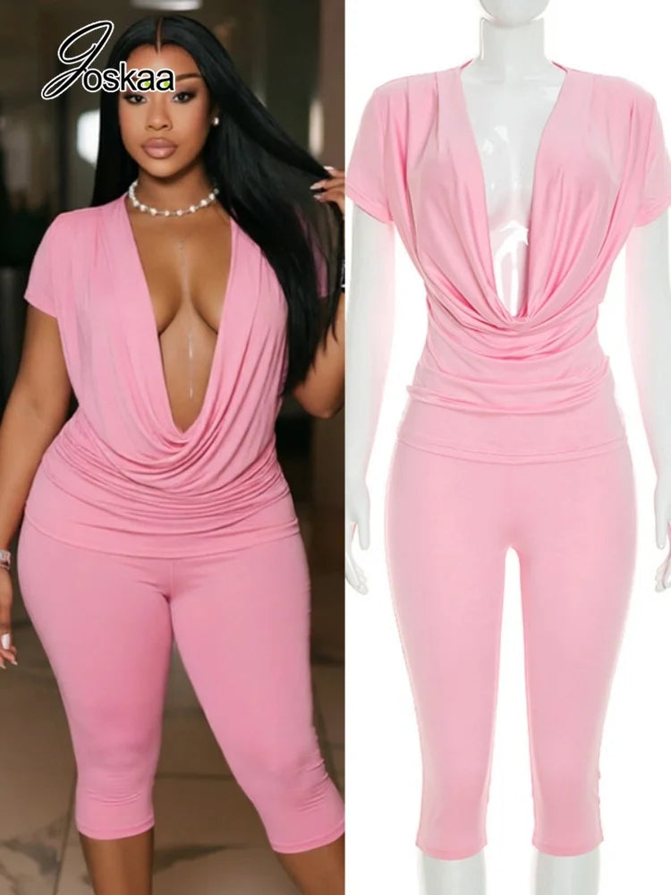 Women's Ruched V-neck Bodycon High Waist Two Piece Set - Women's Fashion Wholesale - Front View