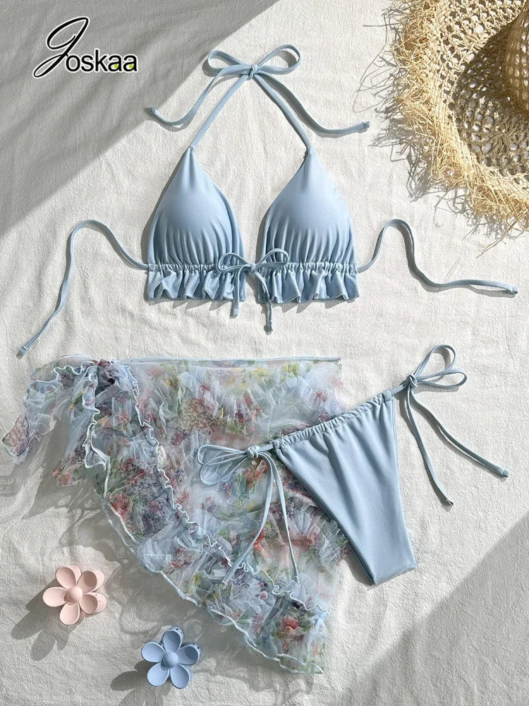 Women's Mesh Halter Swimwear Bikini Ruffle Triangle - Front View