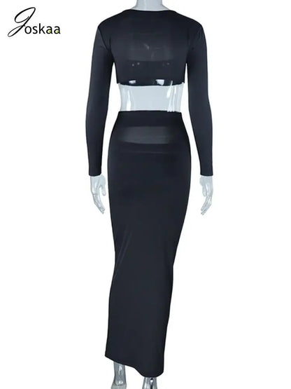Women's Cutout Long Sleeve Crop Two Piece Set Black – Detail View