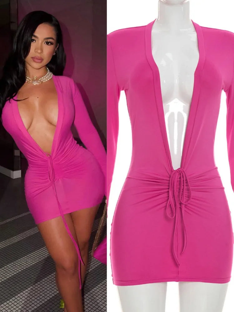 Women's Ruched V-neck Long Sleeve Bodycon Mini Dress - Additional View 8