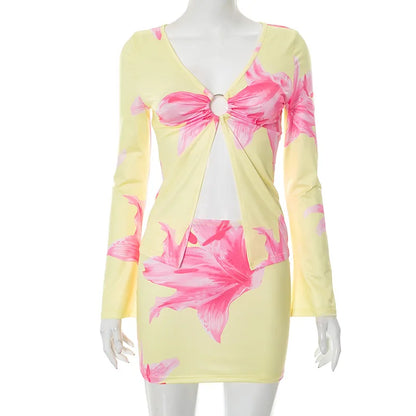 Women's Floral Print Long Sleeve Bodycon Two Piece Set