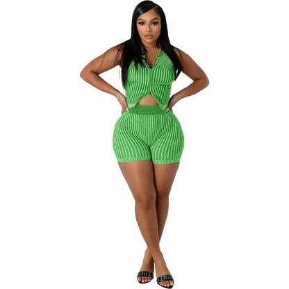 Women's Stripe Knit Crop Ribbed Zip Two Bikini Set